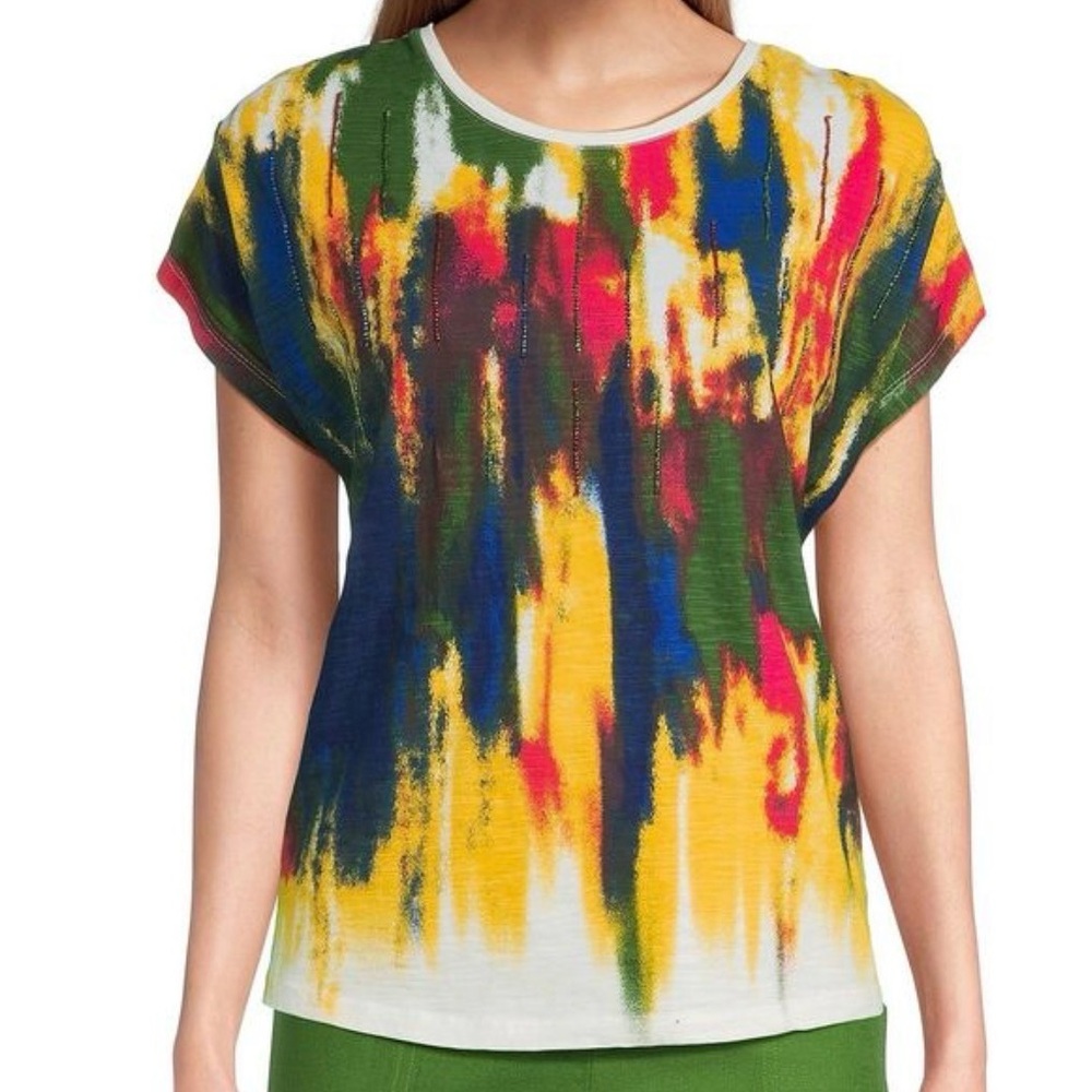 Investments Watercolor Abstract Short Sleeve beaded  retro boho punk Top 1x